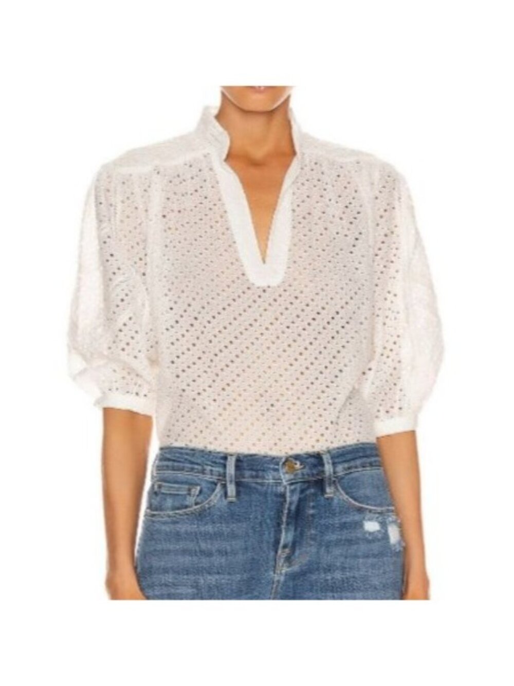 Frame Cali Top Cream Eyelet Blouse Women Size XS Puff Sleeve Cottage Peasant